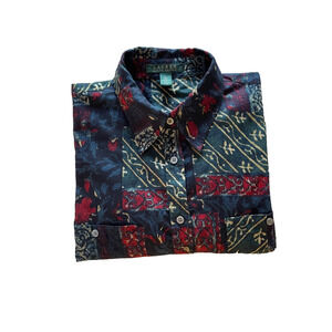 Ralph Lauren Women's 100% Cotton Button Front Blouse L Blk/Red/Blue Print A+